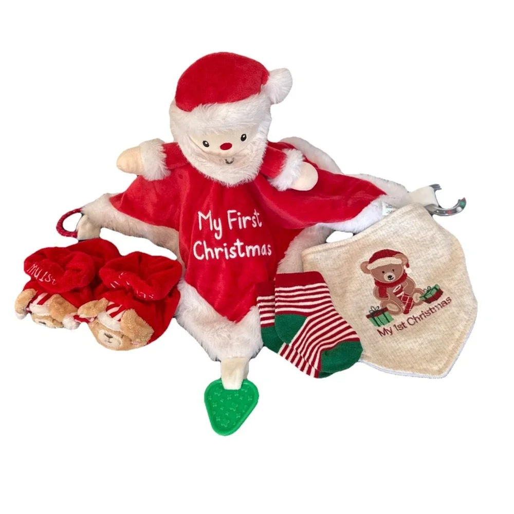 Baby's 1st Christmas Gift Basket Stocking Outfit Booties Bib Socks Lovey Rattle